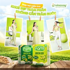 an advertisement for farmi green sky with pictures of women in white dresses and food