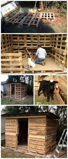 several pictures of different types of wooden pallets in the process of being built and assembled