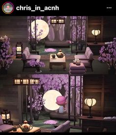 the living room is decorated with purple flowers and lanterns in front of the moonlit window