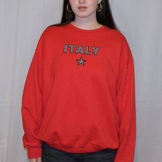 Vintage Red Plaid Italy Embroidered  Star Sweatshirt Please look at the size chart in the listing images in order to correctly determine your size. Our sweatshirt's material is 50% preshrunk cotton/ %50 Polyester, and it is recommended that you machine wash cold, inside out, with like colors. Tumble dry medium. Please keep in mind that the sweatshirts are handmade per order with our embroidery machine, so it is possible that slight, individual differences may occur. That being said, we only sell products that we are proud of and quality check each order prior to shipping them out.  Please do not hesitate to contact us with any questions or concerns:) Red Long Sleeve Top With Embroidered Logo, Red Tops With Embroidered Logo For Fall, Trendy Long Sleeve Top With Embroidered Logo, Red Sweatshirt With Embroidered Logo For Fall, Trendy Red Crew Neck Sweatshirt, Star Sweatshirt, Star Vintage, Red Sweatshirt, Embroidered Crewneck