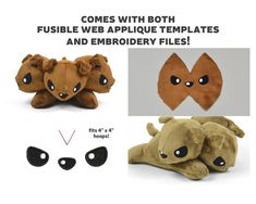 there are three stuffed animals with eyes and nose shapes on the same item as they appear to be made out of plush material