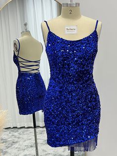 Express your ultimate charm with the royal blue homecoming dress. It is designed with a cowl neckline, lace-up back to finish a sexy and stylish look. All-over velvet sequin fabric plus the fringe on the left hem makes it extremely shiny for your party. 
- Shown Color: Royal Blue- Fabric: Velvet Sequins- Silhouette: Sheath- Neckline: Spaghetti Straps- Length: Short- Sleeve Style: Sleeveless- Waistline: Natural Waist- Back Style: Lace Up,Low Back,Criss-Cross- Bra: Built-In Royal Blue Dress Knee Length, Royal Blue Hoco Dress, Blue Hoco Dress, Royal Blue Homecoming, Royal Blue Homecoming Dress, Blue Homecoming Dress, Sparkle Shorts, Matric Dance, Blue Homecoming Dresses