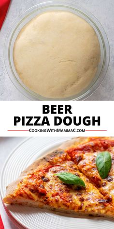 pizza dough in a glass bowl with basil leaves on top, and another image of cheese pizza