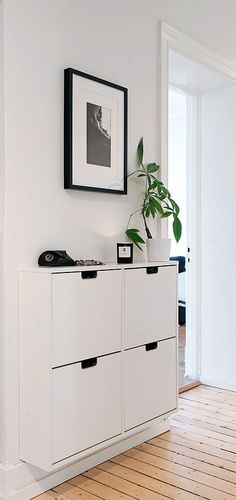 a white cabinet with two drawers and a plant on top in a room that has hardwood floors