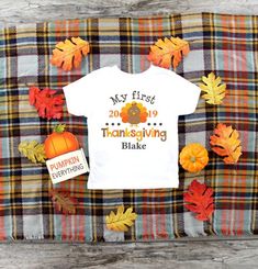 My First Thanksgiving shirt | Personalized Name | T-Shirt One piece Bodysuit | Thankful | Little Boy My First Thanksgiving, Walmart Outfits, Fall Bodysuit, Thankful Shirt, Turkey Shirts, First Thanksgiving, Mommy Shirts, Big Sister Shirt, Turkey Day