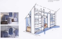 an architectural drawing of a closet with blue curtains