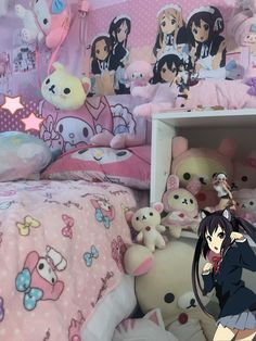 an anime themed bedroom with many stuffed animals