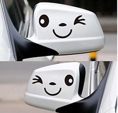 two pictures of the side view mirror of a car with a smiley face drawn on it