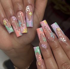 Pastel Nails Flowers, Basic Baddie Nails Spring, Spring Nails Tapered Square, Butterfly And Flower Acrylic Nails, Spring Xl Nails, Acrylic Nails With Butterflies And Flowers, Spring Baddie Nails, Insta Baddie Nails Acrylic, Baddie Nails Instagram