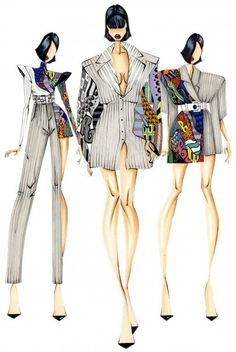 three women's clothing designs from the 1990s