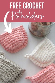 three crochet potholders with text overlay that says free mini mitts crochet potholder