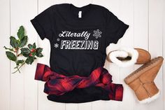 Our Literally Freezing t shirt makes a great holiday shirt. This funny winter shirt features the phrase Literally Freezing with graphic snowflakes printed on a comfortable fit, short sleeve tee that fits like a well-loved favorite. Soft cotton and quality print make this a quote shirt that you will fall in love with it over and over again. If you have a loved one that is always cold, this makes a great Christmas or Holiday gift for her. Layer this fun fall tee with a cozy open sweater and your other warm wear for a cute winter outfit thats personal to you! This cute tee has ribbed knit collars to bolster shaping. The shoulders have taping for better fit over time. Dual side seams hold the garment's shape for longer so you look great no matter where the days take you. Bella + Canvas Brand S Pregnant Christmas Shirt, Pregnant Christmas, Snowflake Shirt, Christmas Maternity Shirt, Cheetah Print Shirts, Christmas Shirt Funny, Funny Pregnancy, Pregnancy Announcement Shirt, Funny Shirt Sayings