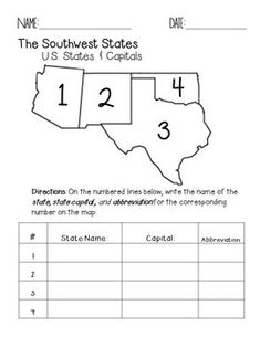 worksheet for the southwest states with numbers and names on each map, including 1 - 3