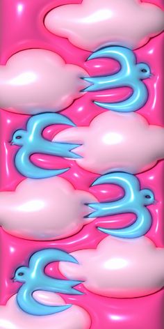 three blue and white birds floating on top of each other in the air over pink liquid