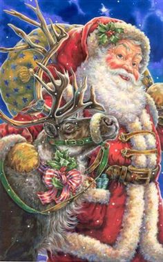 a painting of santa claus and his reindeer