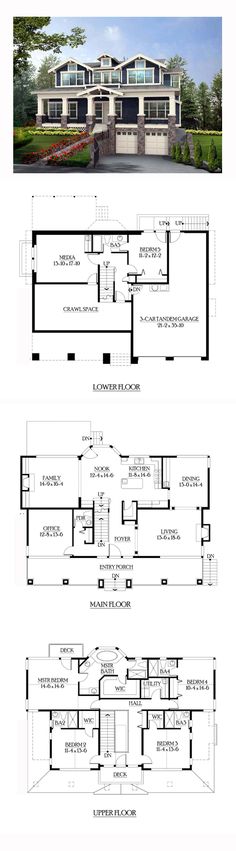 two story house plans with garage and living room in the middle, one bedroom on each floor