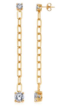 Hand-set cubic zirconia start and finish these 18-karat gold-plated heavy chain drop earrings that offer drama and shine. 2 3/4" drop Total cubic zirconia weight: 5.5ct. Hypoallergenic Sterling silver/18k-gold plate/cubic zirconia Imported Gold Plated Yellow Gold Chain Earrings, Yellow Gold Plated Chain Earrings, Yellow Gold Chain Link Earrings, Gold Long Drop Cable Chain Jewelry, Gold Jewelry With Long Drop Cable Chain, Gold Cable Chain Jewelry With Long Drop, Yellow Gold Plated Earrings With Cable Chain, Gold-tone Chain Detail Gold Plated Earrings, Gold-tone Chain Earrings Gold Plated