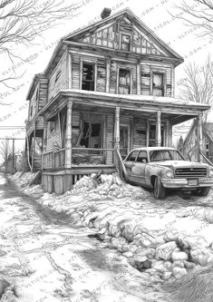 a drawing of a car parked in front of a house with snow on the ground