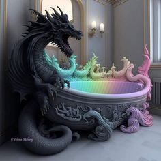 a dragon is sitting in a bathtub with rainbow colors