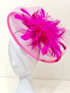 Pink Derby Fascinator Hat Headband,  Sheer Mesh Brim with layers of Pink Coque and Ostrich Feather on a 5mm metal satin lined headband i make this in Green, Black, Navy Adjustable Top Hat With Feather Trim For Races, Adjustable Short Brim Fascinator With Feather Trim, Adjustable Mini Hats With Feather Trim For Summer, Adjustable Feather Trim Mini Hats For Summer, Summer Fascinator With Round Crown, Adjustable Headband For Kentucky Derby Races, Adjustable Fascinator With Feather Trim For Royal Ascot, Adjustable Feathered Mini Hats For Races, Adjustable Mini Hats With Feather Trim For Spring