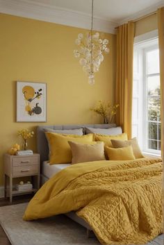 a bedroom with yellow walls and bedding in the corner, chandelier hanging from the ceiling