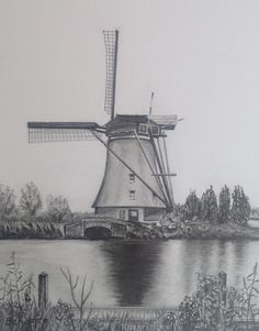 a drawing of a windmill by the water