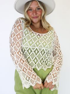 With a delicate crochet design and a flattering U-neck, it's a timeless piece for any occasion. It is perfect for partnering with a colored tank underneath, adding dimension to any look. Embrace effortless charm with this versatile wardrobe staple that can also double as a swimsuit coverup top. Cream Lace Top With Crochet Details, Fitted Bohemian Crochet Top With V-neck, Fitted Bohemian Crochet V-neck Top, Bohemian Pointelle Knit Crochet Top With V-neck, Beige Crochet Lace V-neck Top, U Neck, Dress First, Crochet Designs, Timeless Pieces