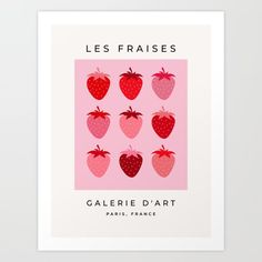 a pink poster with strawberries on it and the words les fraises written in french