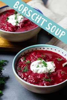 two bowls of borsch soup with sour cream and parsley on the side