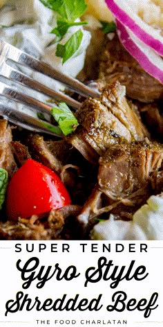 a plate with meat and vegetables on it that says super tender gyro style shredded beef