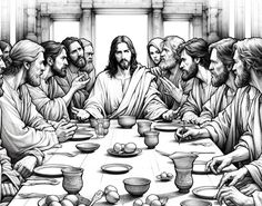 the last supper is depicted in this black and white drawing