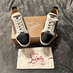 New With Original Box And Dust Bag. Size 44.5 (Us-11.5) **Have Original Receipt Luxury Gray Lace-up Sneakers, Designer Gray Lace-up Sneakers, Luxury Gray Sneakers With Round Toe, Luxury Gray Round Toe Sneakers, Designer Gray Sneakers With Round Toe, Louboutin Shoes, Christian Louboutin Shoes, Mens Shoes Sneakers, Black Gray