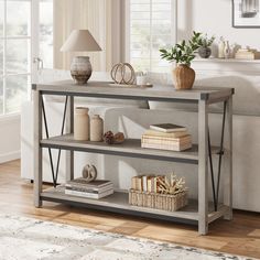 This sofa table with storage measures 47.2" x 13.4" x 30" with a wide desktop, and 3-tier entryway table design providing ample storage space where you can display your favorite photos, books, and decorations.Wood console table works perfectly as an entryway table, sofa table, hallway table, behind couch table, or even a TV stand. Living Room Behind Couch, Foyer Table Decor Entryway, Behind Couch Decor, Foyer Table Decor, Farmhouse Entryway Table, Grey Console Table, Entryway Table With Storage, Console Table With Storage, Narrow Entryway Table