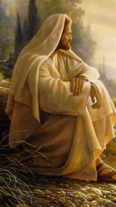 a painting of jesus sitting on the ground