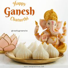 there is an image of ganesh chaturth on the plate with dumplings