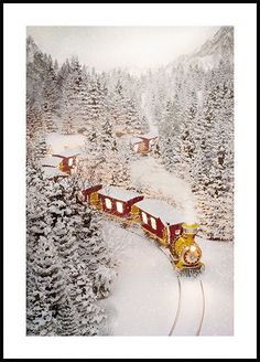 an aerial view of a train traveling through the snow covered mountains and trees in winter