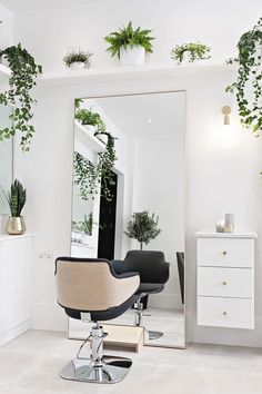 a salon chair sitting in front of a mirror with potted plants on the wall