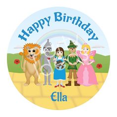 a birthday sticker with an image of the wizard and his friends in front of a rainbow