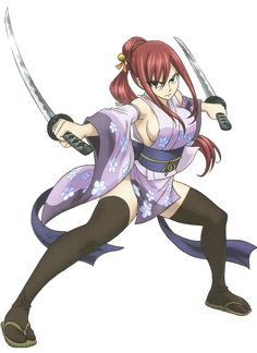 an anime character holding two swords in one hand and wearing a purple outfit on the other