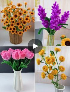 four different vases with flowers in them