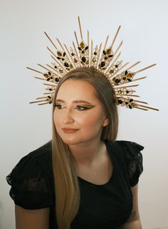 "Our crowns are handmade using quality and variety materials: -headband - zip ties - glass beads - glass rhinestones - artificial flowers - metal filigree The crown or halo crown is light and comfortable to wear. Maximum height spikes 1.5\" or 2.5\" or 4\" or 5.5\". The size of the halo crown is universal for an adult. When ordering, you can choose the color of the crown (gold, silver, black, rose gold) and a large selection colors of glass rhinestones. Our products are perfect for wedding, festival, party, photo shoot or Halloween. The crown (halo crown) will be a great addition to fine photography, will make your look luxurious and unforgettable. ** Processing time and delivery time: Order proccesing time is 1-6 days. If you need an order urgently, please let us know before purchasing an Sun Halo Crown, Sun Headband, Celestial Crown, Gold Halo Crown, Sun Halo, Crown Headpiece, Goddess Crown, Crown Gold, Halo Crown