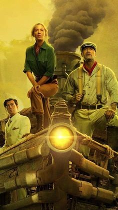 a movie poster with two men and a woman standing in front of an industrial machine