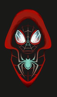 a spider man with red eyes and a hoodie over it's face, in the dark