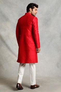 Shop for Gargee Designers Raw Silk Floral Embroidered Sherwani Set for Men Online at Aza Fashions Elegant Red Kurta With Naqshi Detailing, Elegant Red Kurta With Naqshi, Fitted Red Kurta With Dabka Detailing, Designer Red Sherwani With Traditional Drape, Red Sherwani With Resham Embroidery For Reception, Reception Red Sherwani With Resham Embroidery, Red Dabka Sherwani For Designer Wear, Festive Red Sherwani With Chikankari Embroidery, Red Elegant Bandhgala For Ceremonial Occasions