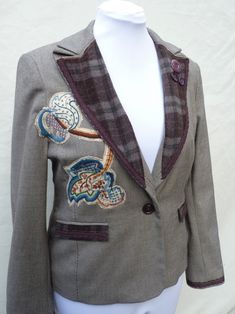 Tailored Embroidered Blazer For Fall, Embroidered Fall Blazer, Tailored Embroidered Outerwear For Fall, Fitted Fall Outerwear With Floral Applique, Fitted Floral Applique Outerwear For Fall, Upcycled Suit, Upcycled Coat, Ribbon Dresses, Bespoke Jacket