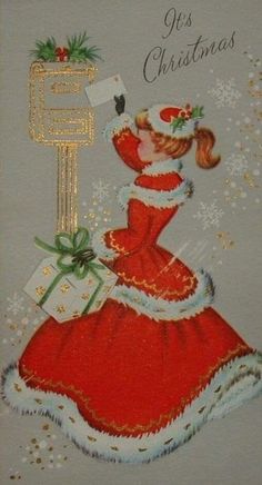 an old fashioned christmas card with a woman in red dress and santa hat holding a letter f