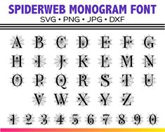 the spider web monogram font is shown in black on a white background with rainbow stripes