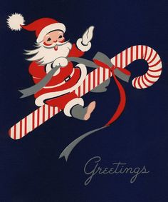 an old fashioned christmas card with santa claus flying through the air holding a candy cane