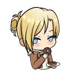 a cartoon girl eating a donut and holding a plate with chocolate frosting on it