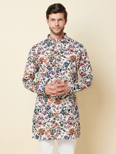 This digital print kurta will instantly give an elegant look.  Made from cotton fabric, this multicolored linen kurta in floral print has front buttons fastening, and a mandarin collar. An ideal outfit for traditional & special events. Printed Kurta For Men, Kurta For Men, Ethnic Design, Indian Designer, Band Collar, Indian Design, Mandarin Collar, Aza Fashion, Spring Break